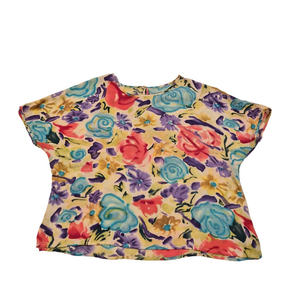 Vintage Floral Watercolor Crepe Blouse Short Sleeve Boxy Top Colorful